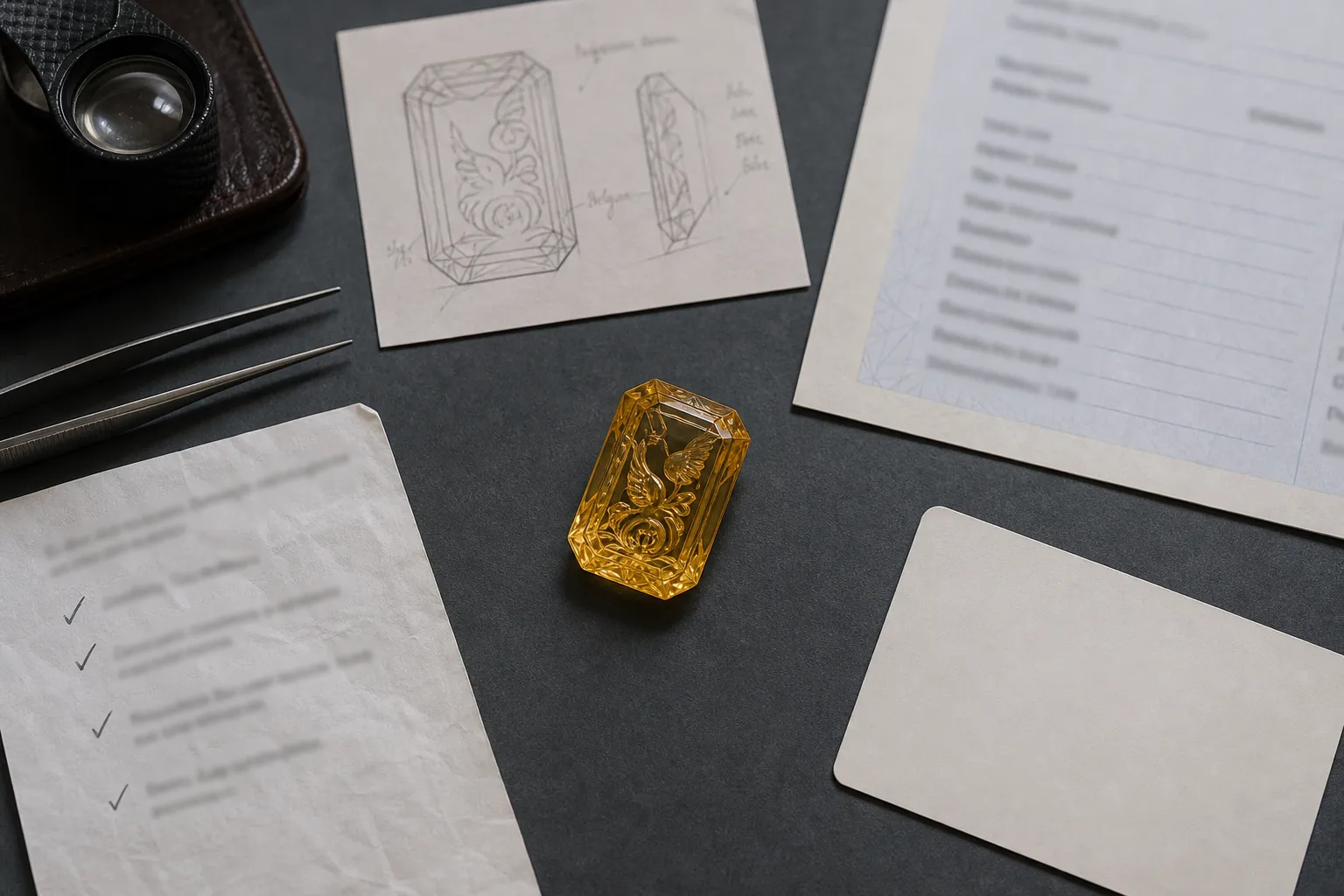 Carved citrine claim separated into visible design features, material identity, disclosure, and personal meaning