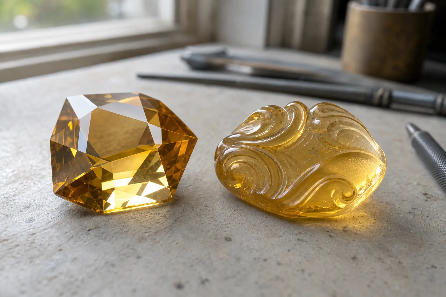 Citrine form comparing flat planned planes with carved curves, grooves, and raised relief