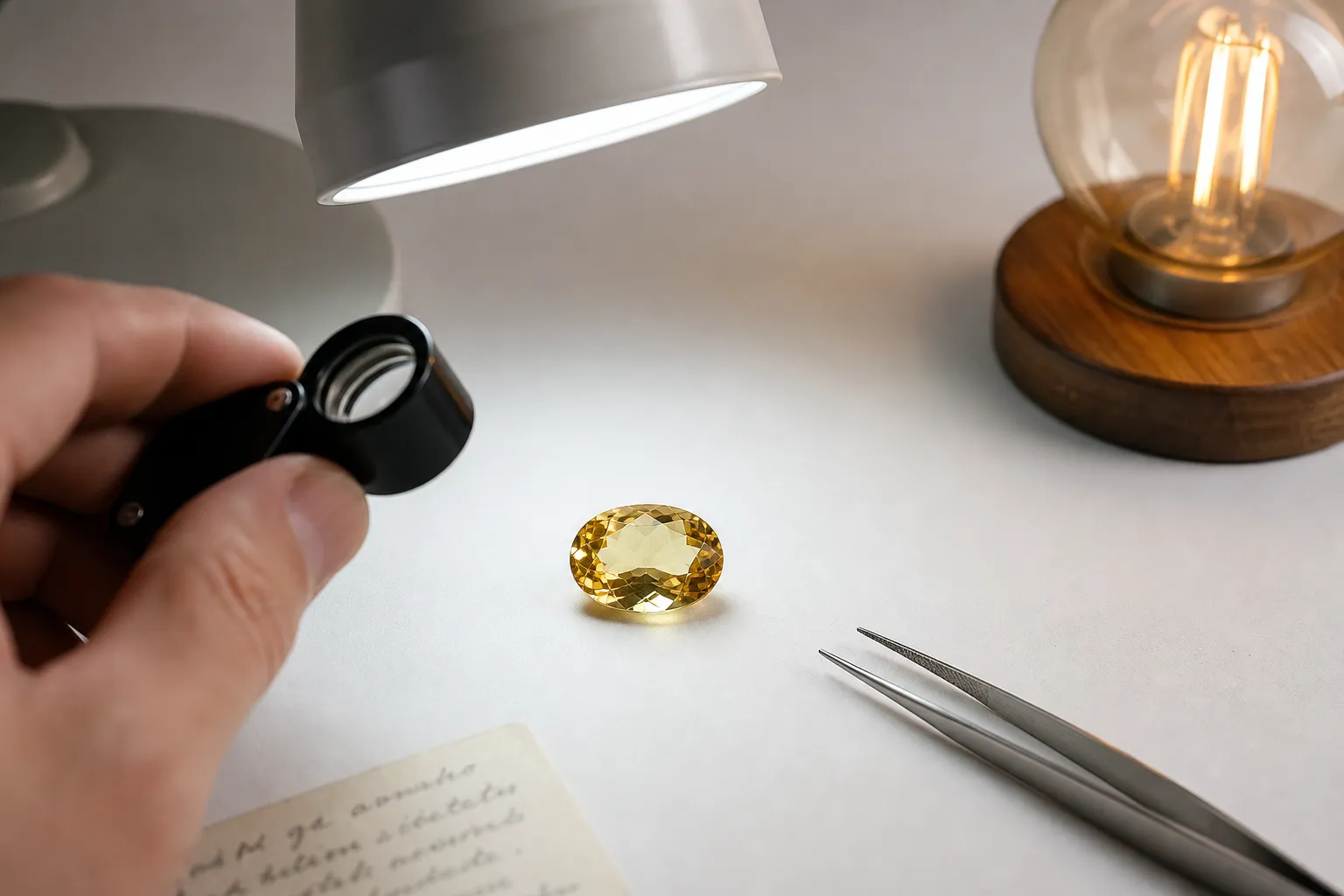Citrine viewed under a neutral daylight-style lamp to judge golden color without warm lighting distortion