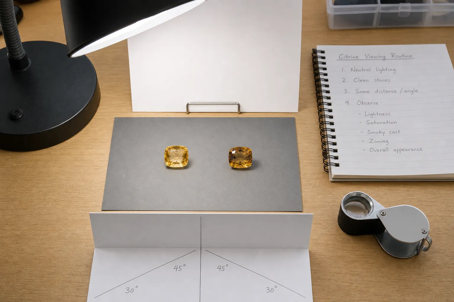 Citrine viewing routine with one neutral light source, a plain background, and consistent comparison conditions