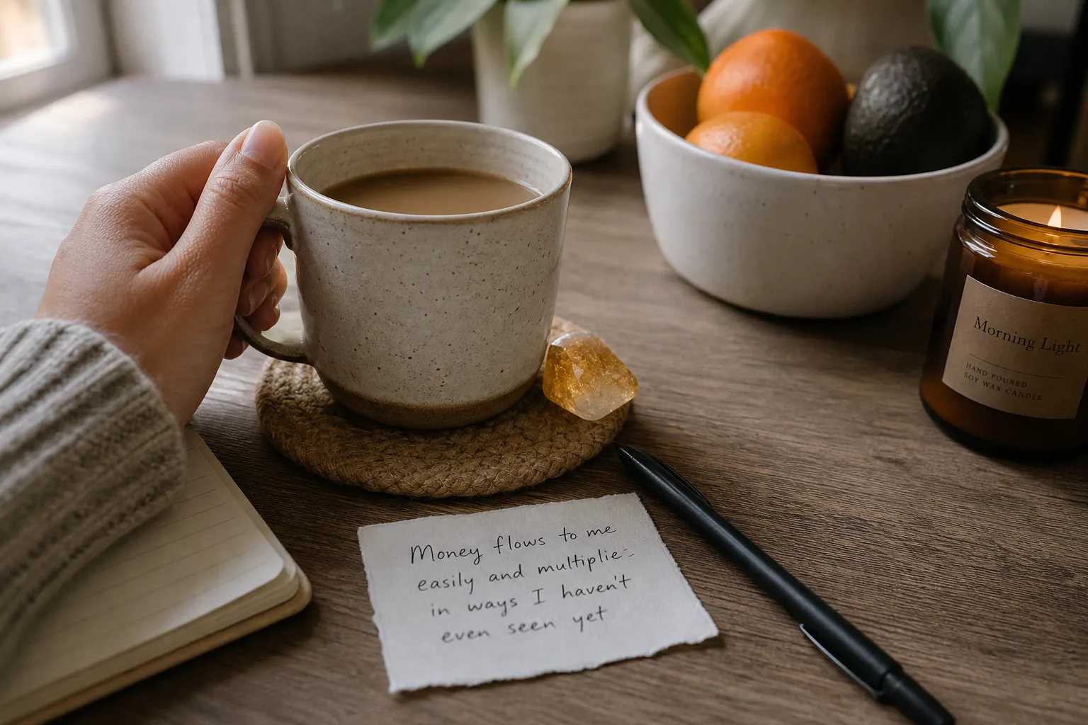 A coffee cup with a piece of citrine placed beside it as a morning attention cue