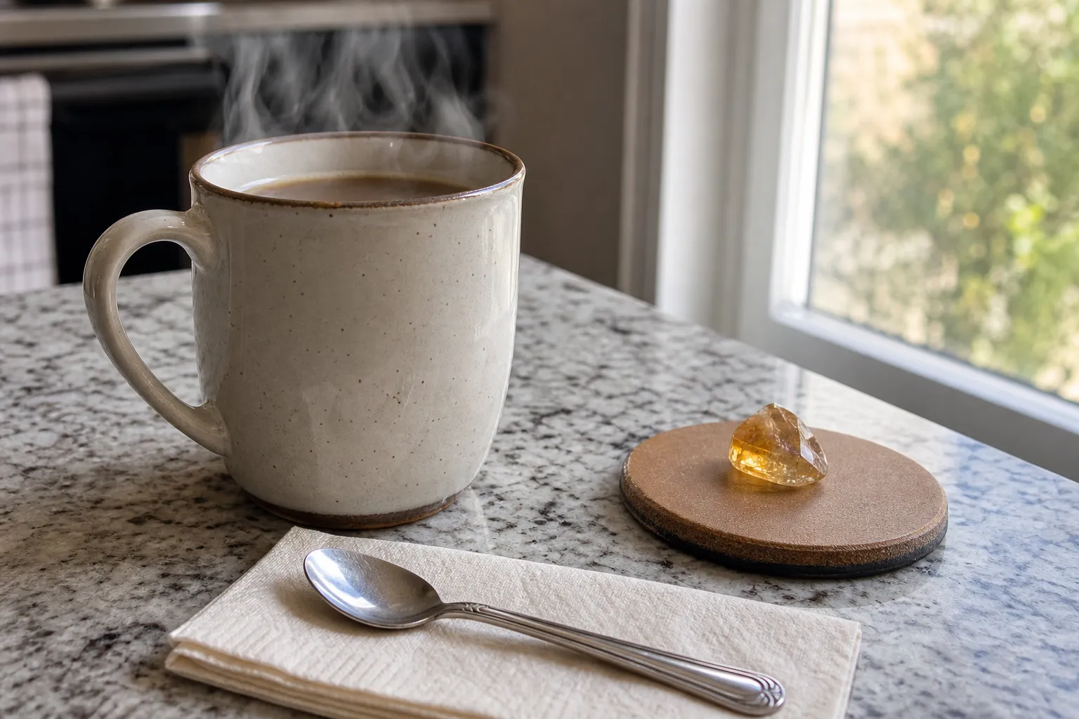 A citrine stone kept outside a morning drink to show the safety boundary of the ritual