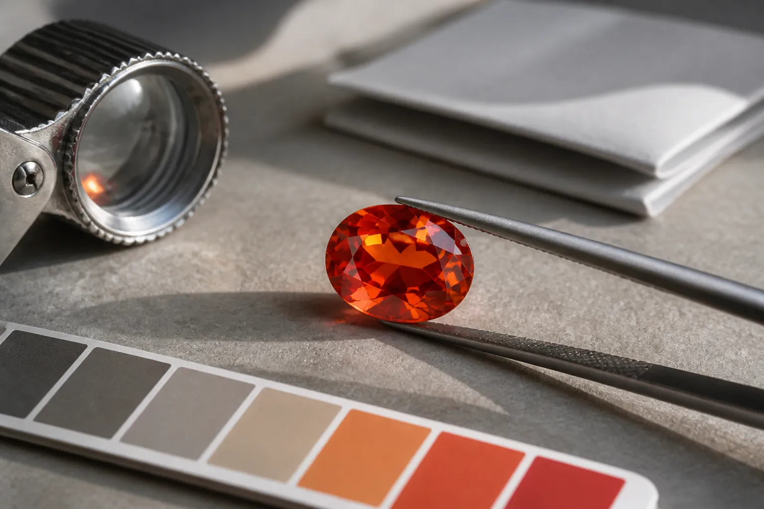 Deep red-orange Madeira citrine shown as a premium color label rather than an official universal grade