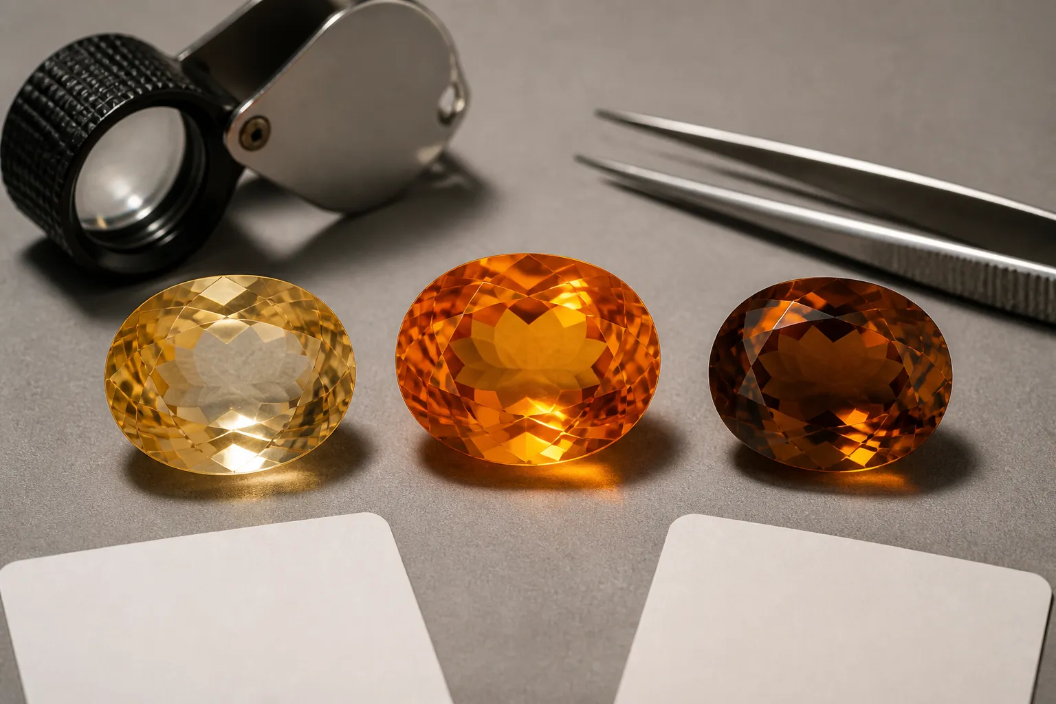 Faceted Madeira citrine comparison focused on brightness, windowing, extinction, and eye-clean appearance