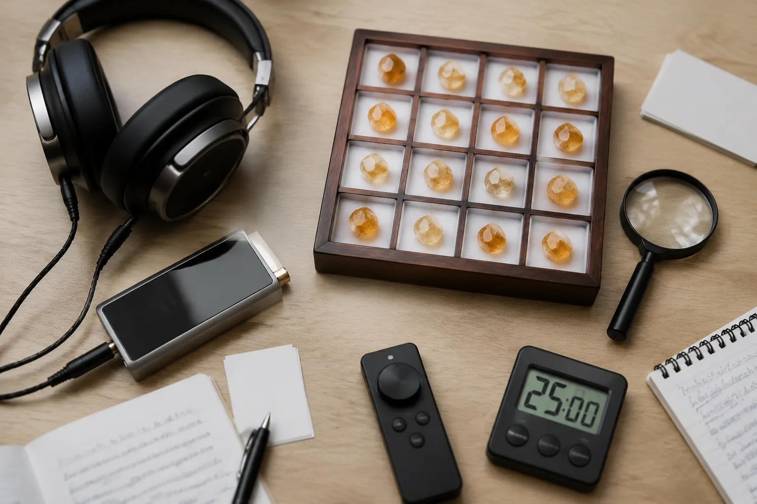 A listening checklist separating musical tuning, binaural beat format, stone observations, and safe volume practices