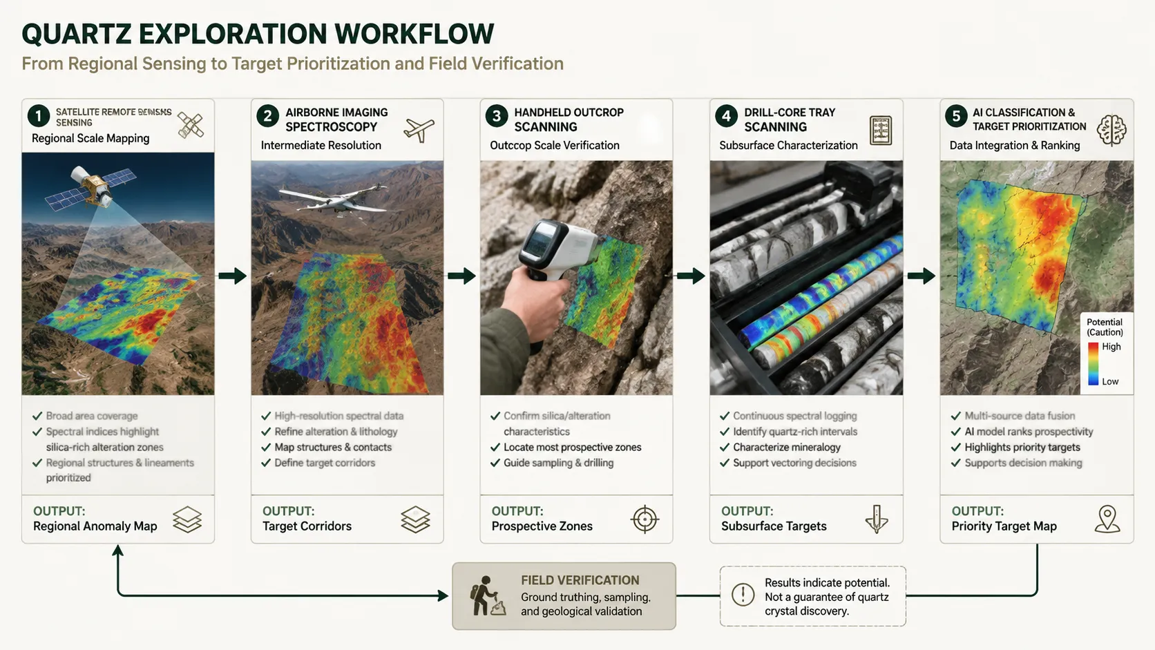 Comparison of satellite mapping, airborne imaging, outcrop scanning, drill-core scanning, and AI classification in quartz exploration