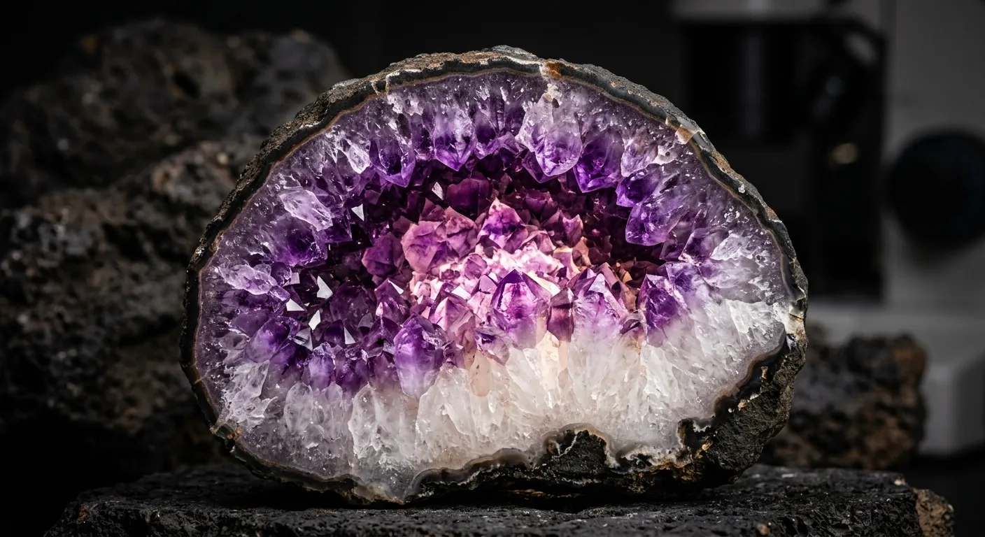 Cross-section of an amethyst geode showing the opaque white basal root