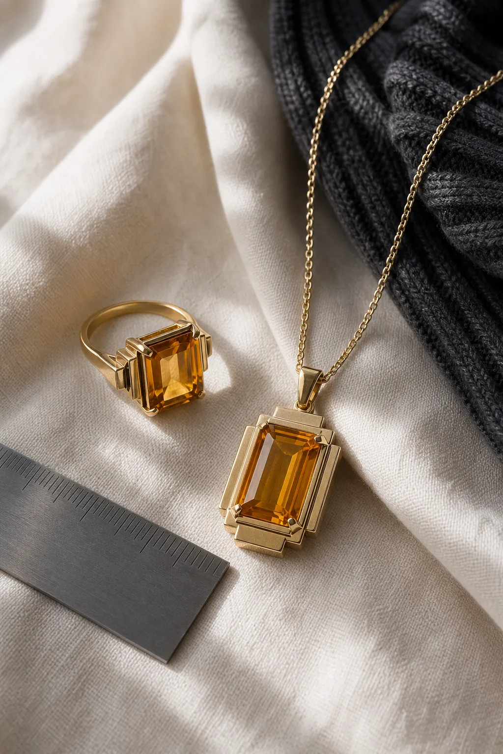 Geometric citrine jewelry showing warm color balanced with sharp structural outlines for everyday styling
