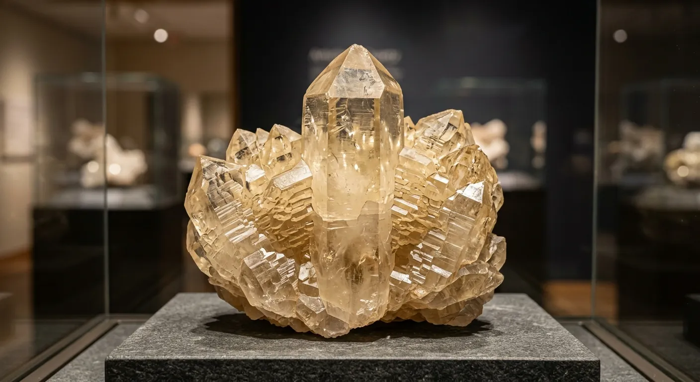 A museum-grade artichoke quartz cluster with champagne coloration