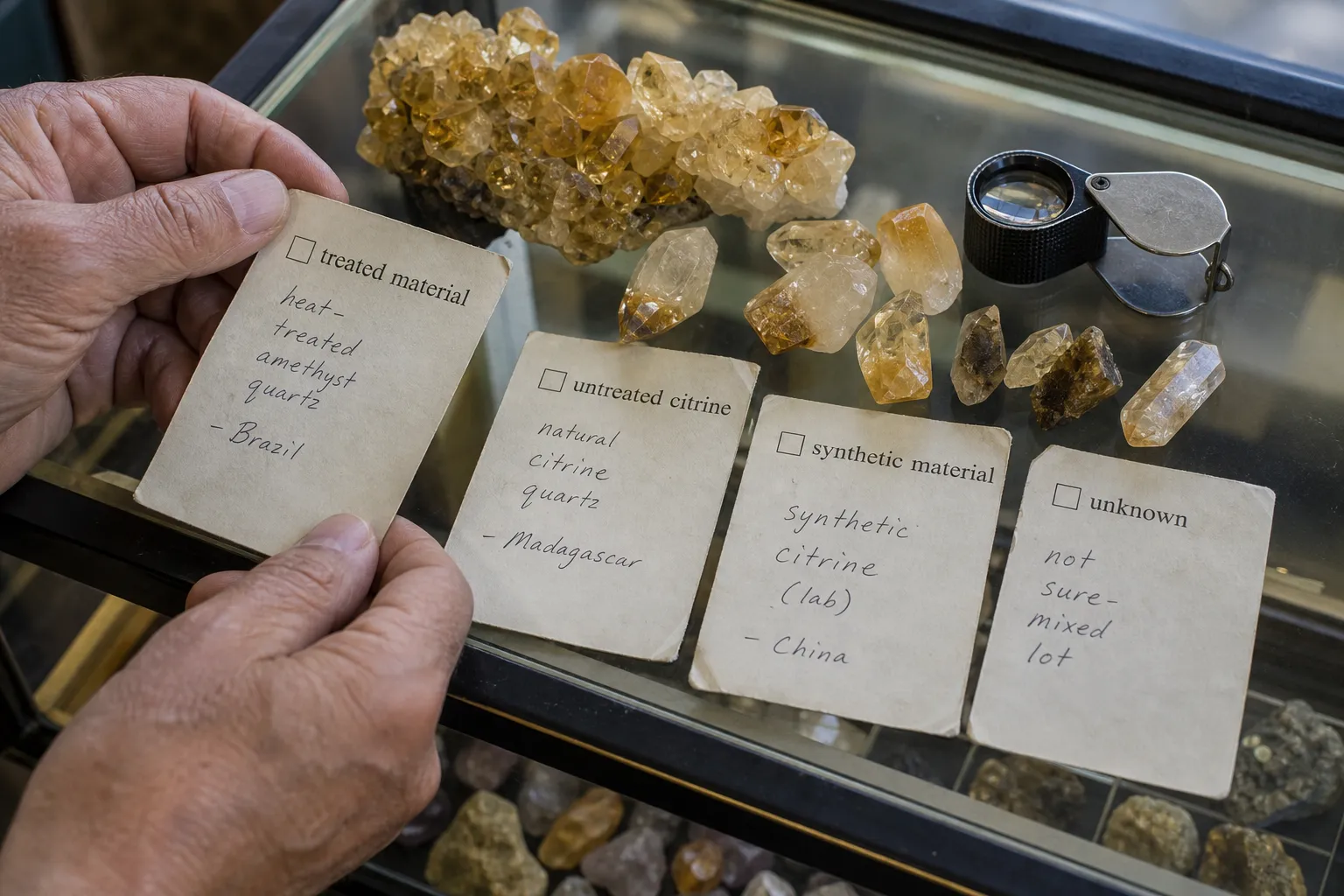 Seller disclosure separating treated material, untreated citrine, synthetic material, and uncertain identity
