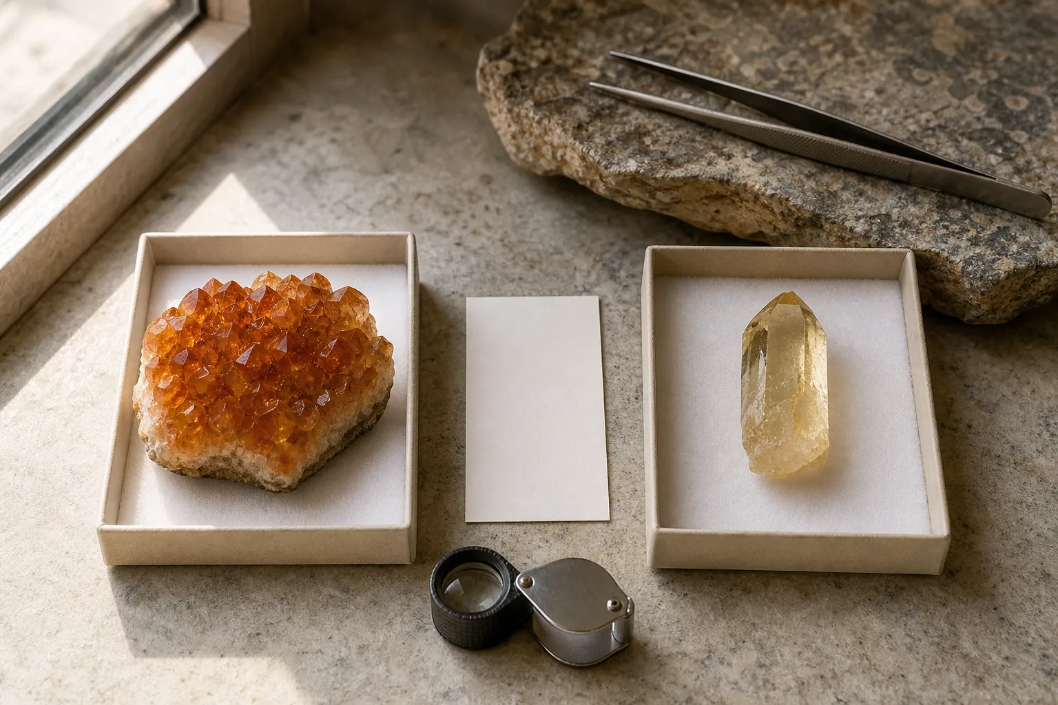 Heat-treated amethyst and untreated citrine considered as separate material history and symbolic meaning lanes