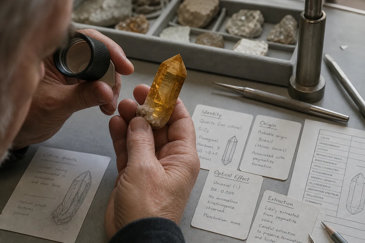 A citrine-colored quartz specimen being reviewed beside notes separating origin, star effect, and extraction claims
