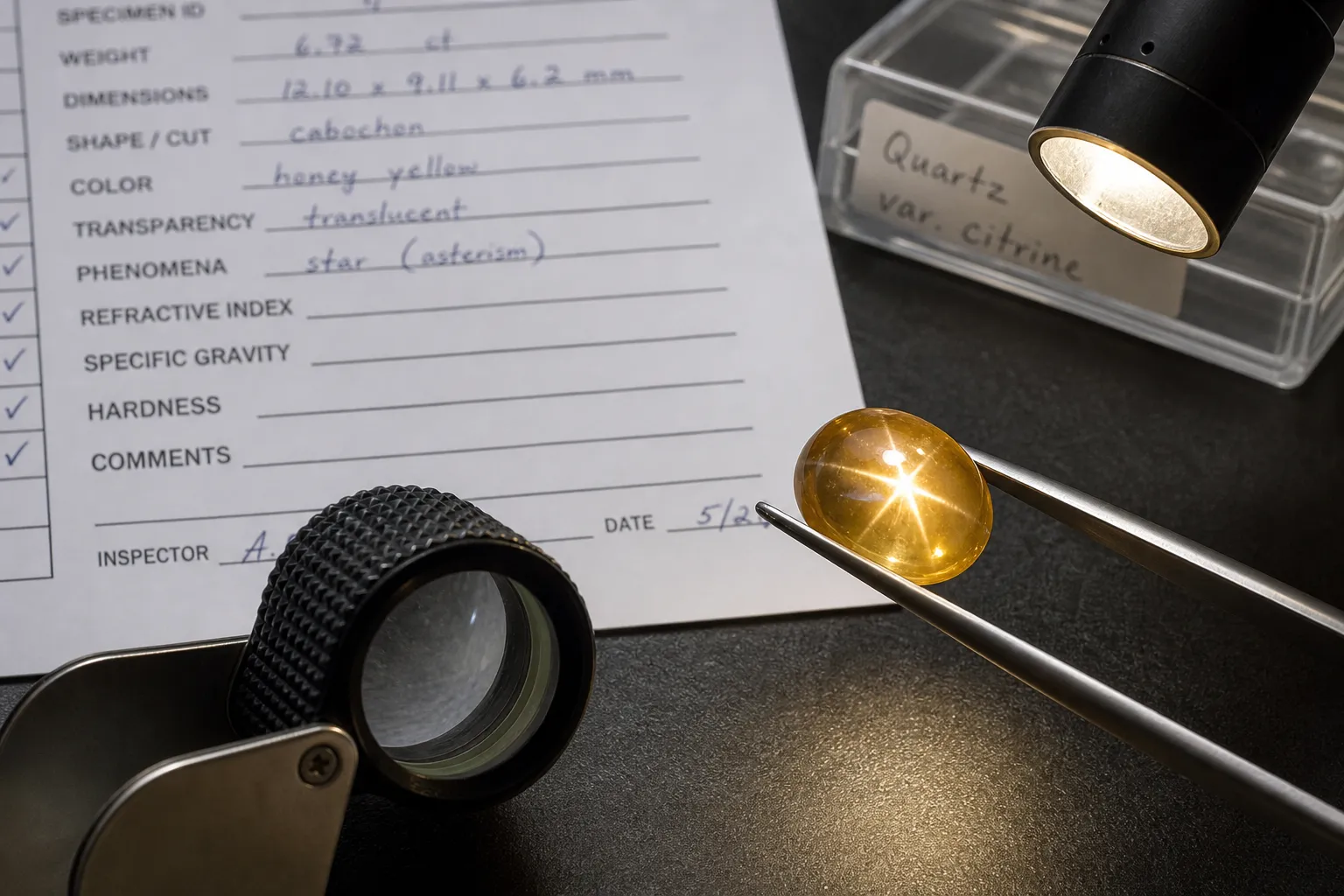 A quartz verification workspace comparing a star-like light reflection with written evidence checks for citrine identity and origin