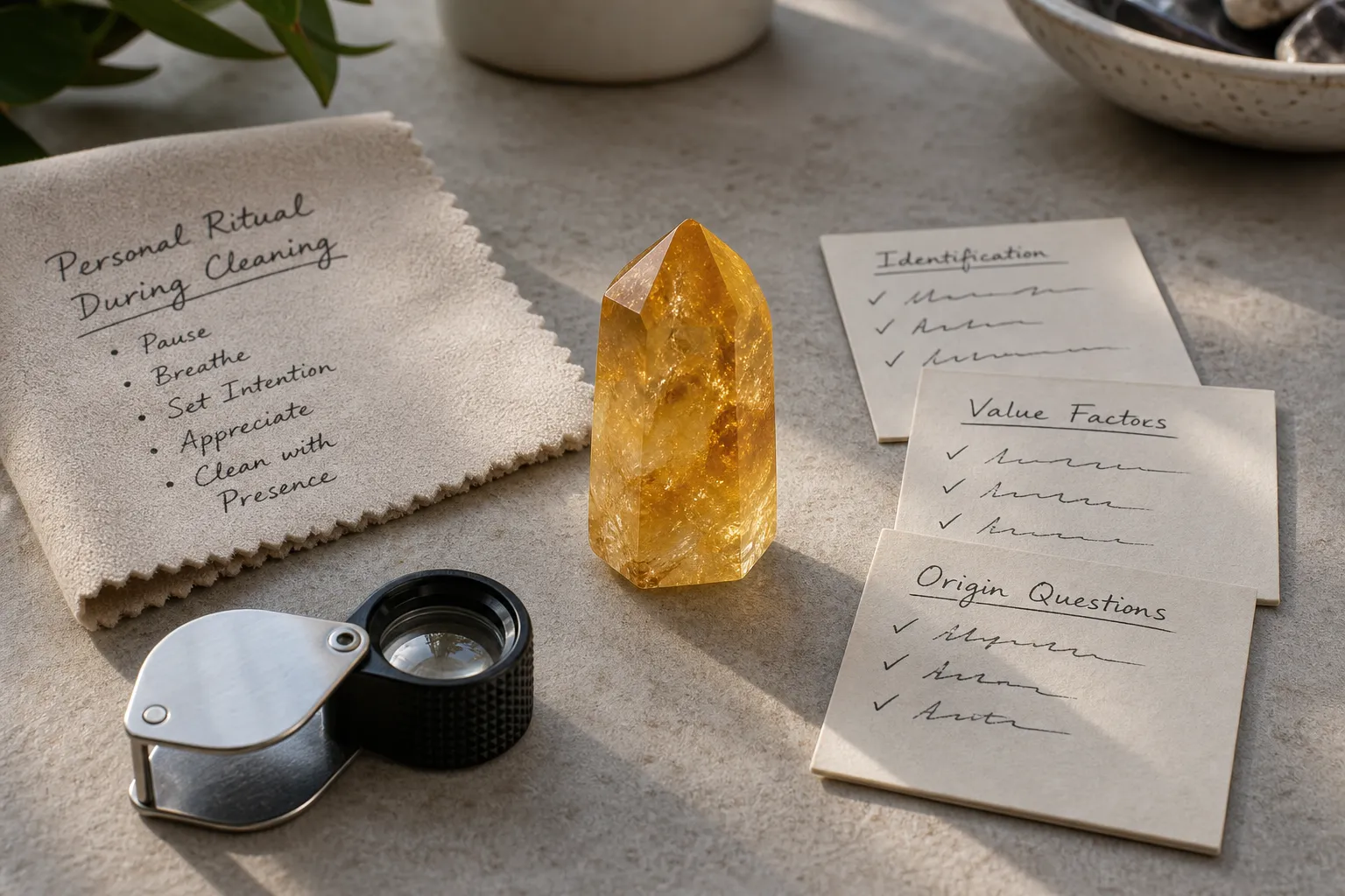 Citrine placed beside ordinary cleaning and verification reminders to show breathwork limits