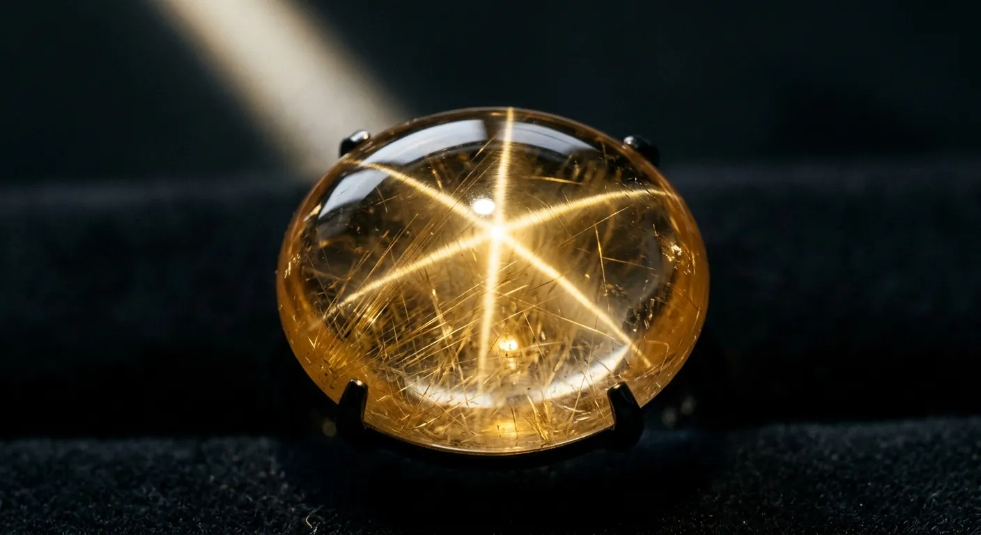 A golden quartz gemstone showing a multi-rayed star effect under a narrow beam of direct illumination, with subtle rutile inclusion structure