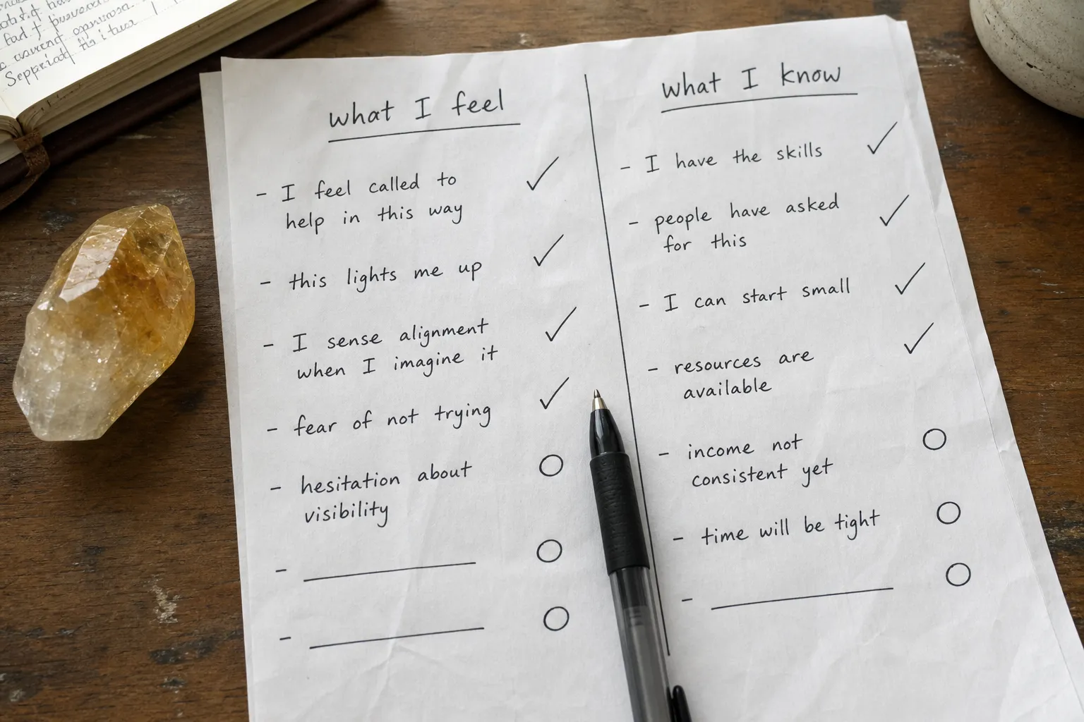 Planning notes divided into what I feel and what I know with citrine nearby
