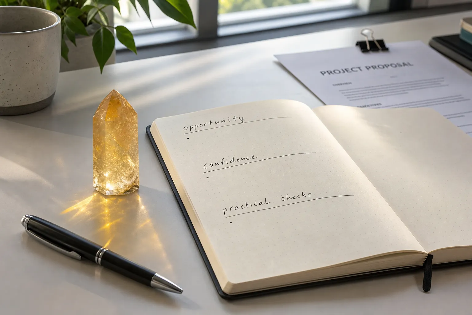 Citrine beside business planning notes that separate opportunity, confidence, and checks before action