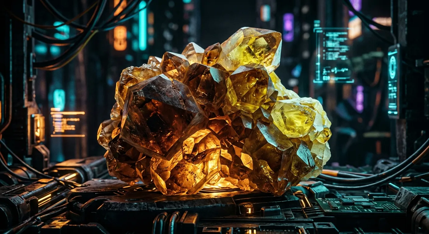Macro photography of natural citrine crystal lattice showing smoky amber hues