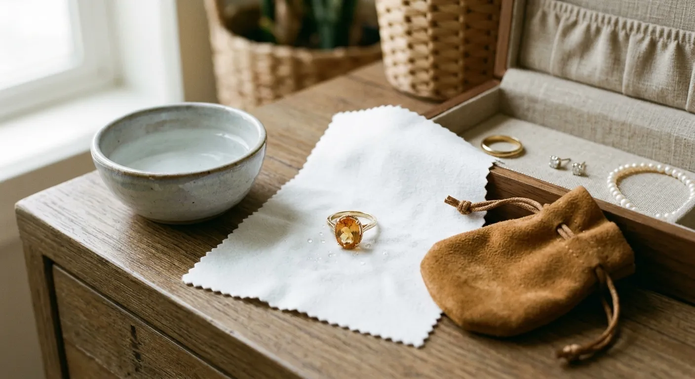 Citrine ring beside a soft cloth, separate pouch, and lined storage compartment showing gentle cleaning and separate storage habits.