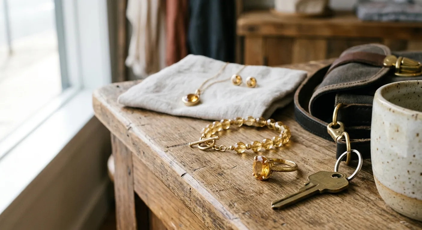 Citrine ring, pendant, and earrings arranged to compare how different jewelry positions affect daily wear risk.