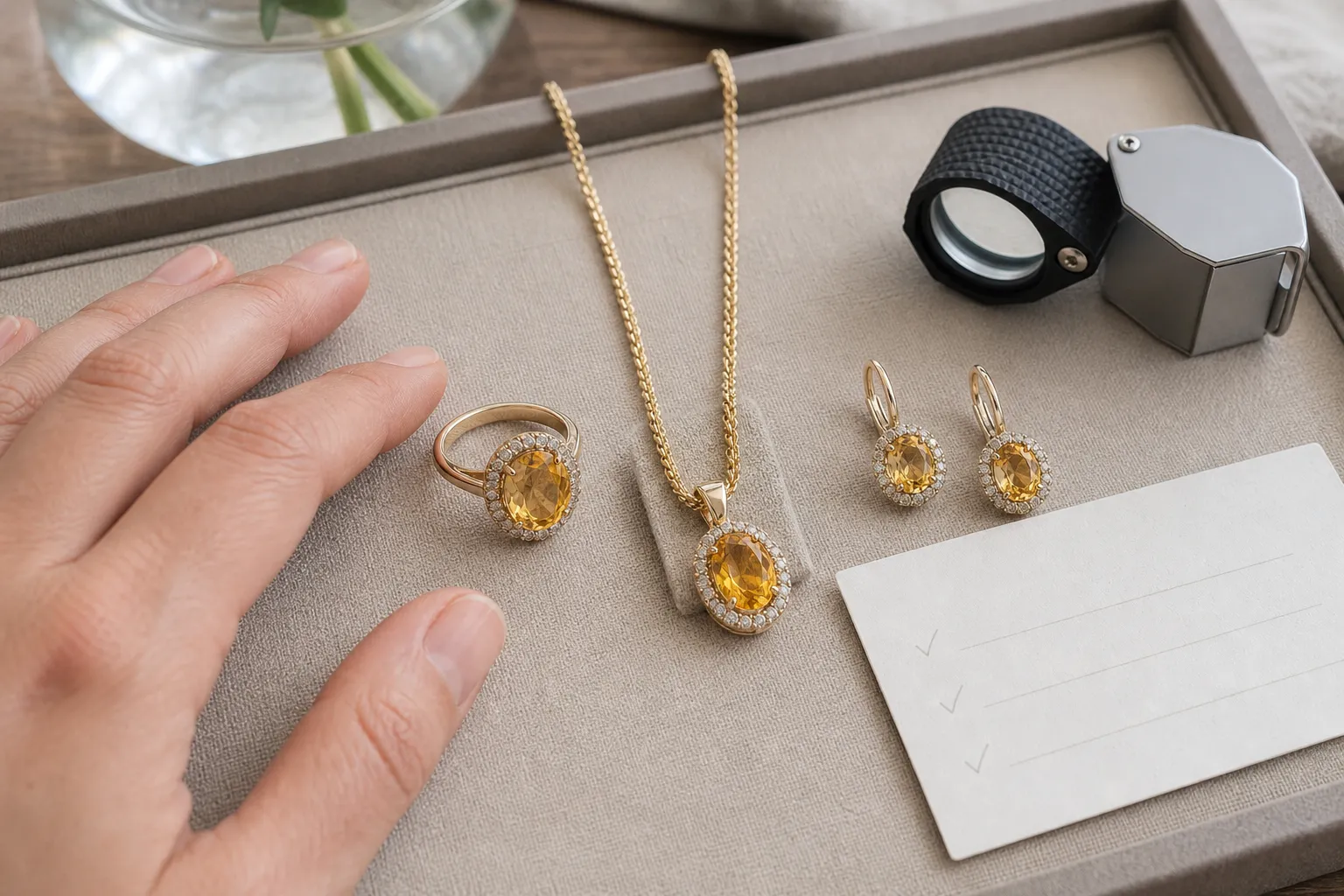 Citrine ring, pendant, and earrings compared as different daily wear choices shaped by setting exposure and wearer habits.