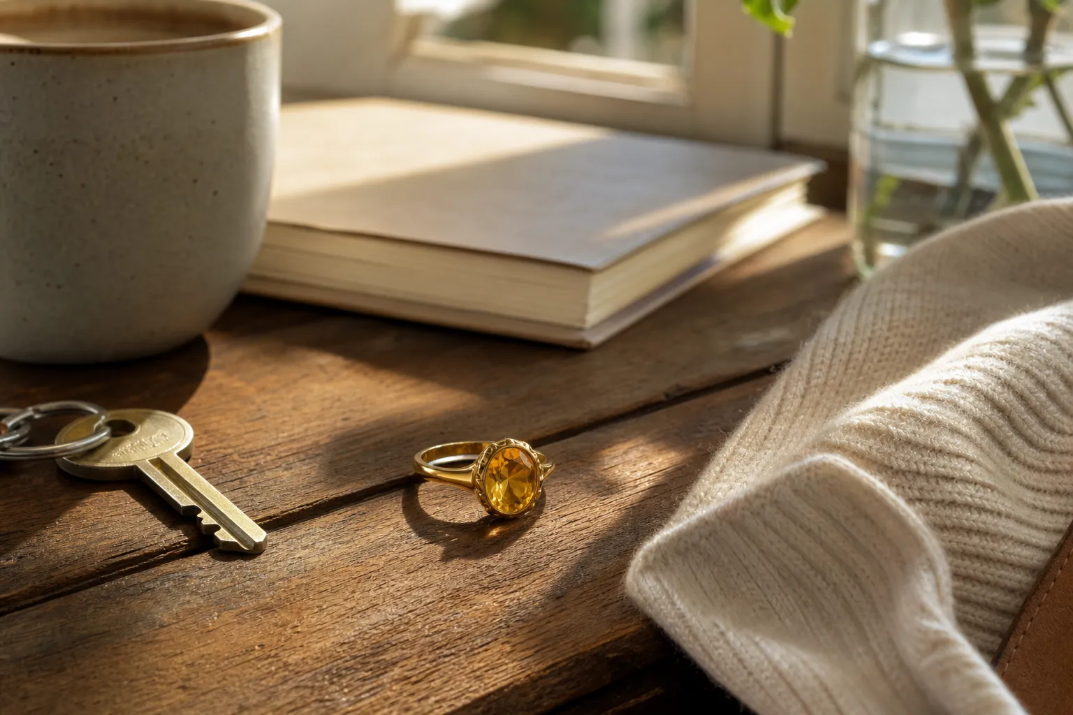 Citrine jewelry considered beside ordinary daily objects to show the balance between personal meaning and practical wear.