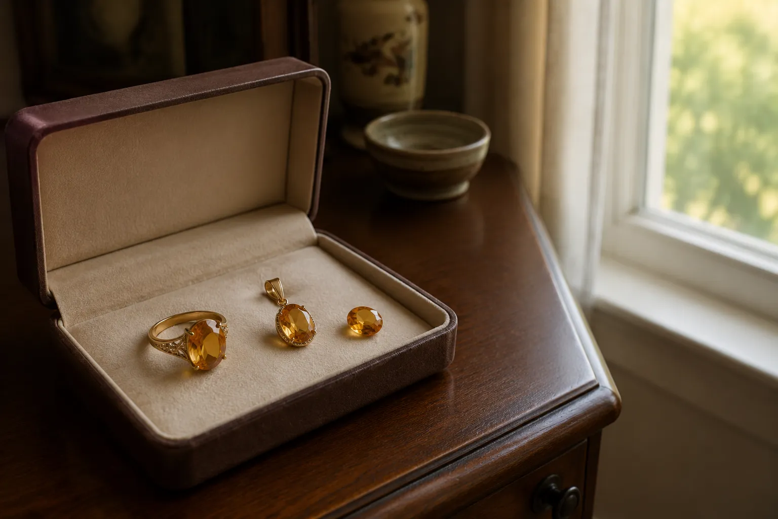 Citrine jewelry and a loose stone kept away from harsh direct sunlight to show ordinary ownership rather than prolonged light stress