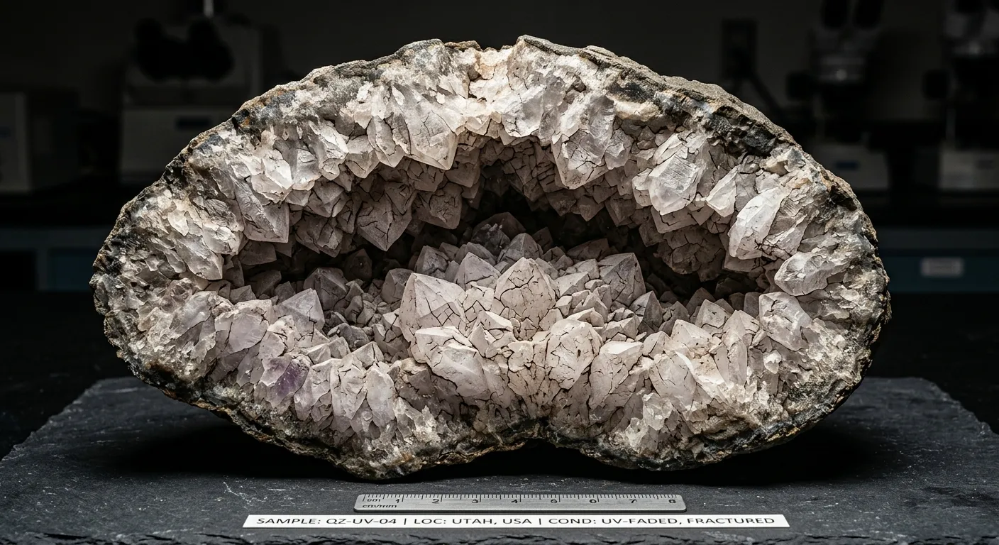 Close-up of a degraded citrine geode showing micro-fractures from thermal stress
