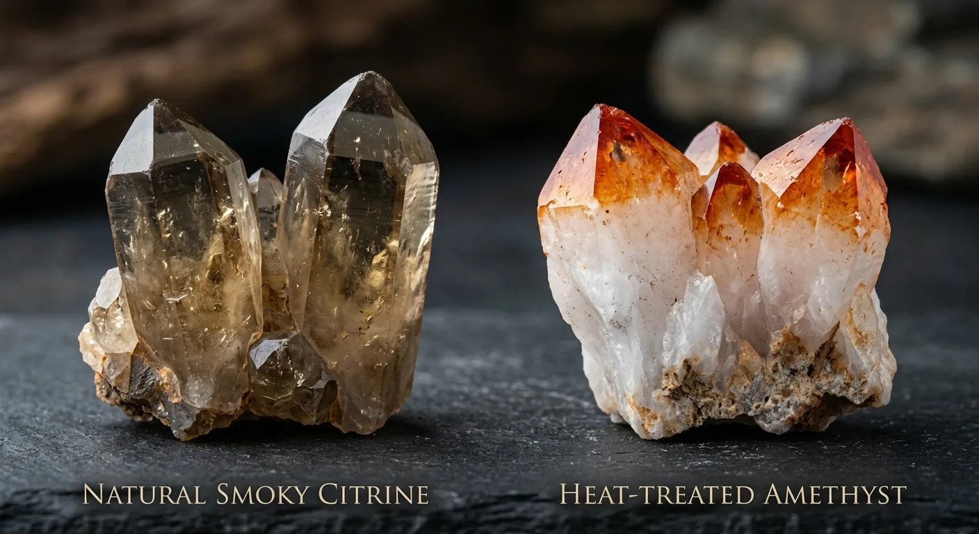 Visual comparison between natural earth-born citrine and heat-treated amethyst