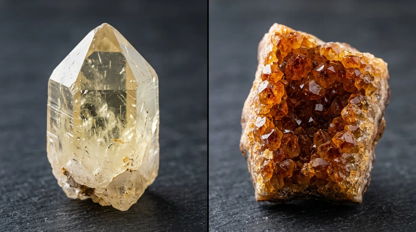 Visual comparison between genuine natural citrine and heat-treated amethyst