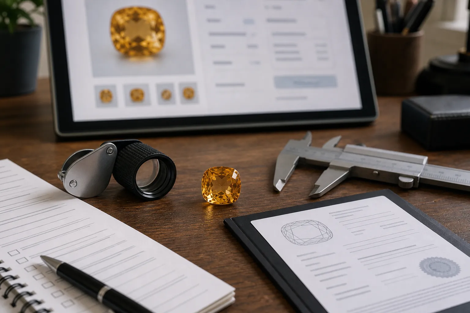 Citrine listing review with treatment disclosure, price language, measurements, and documentation checks