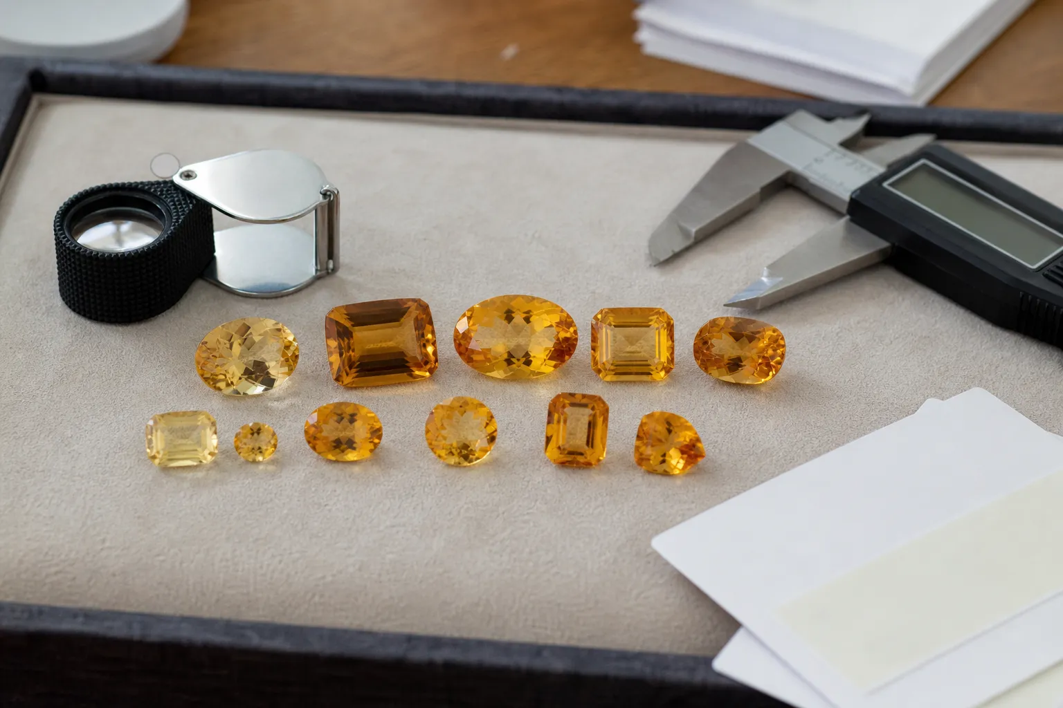 Citrine stones compared by color, cut, clarity, size, and disclosure notes