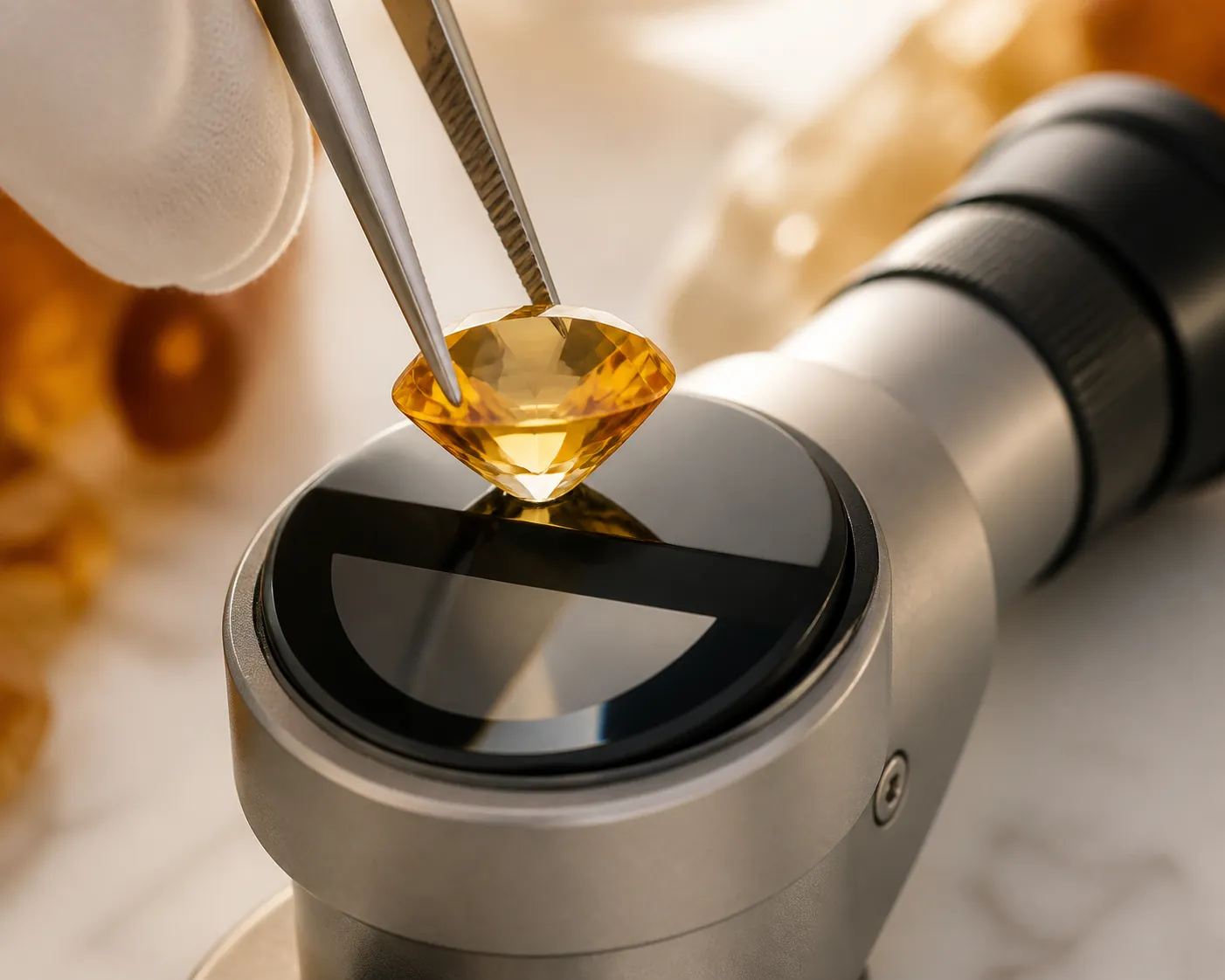 A citrine facet being positioned on a gemological refractometer for a quartz refractive index reading
