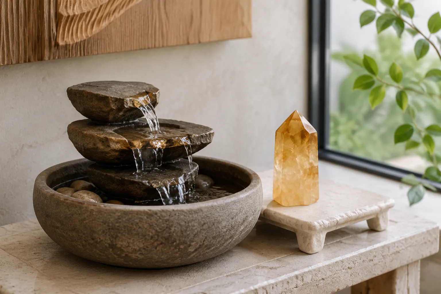 Citrine displayed on a dry raised ledge beside a small indoor fountain, outside the splash area