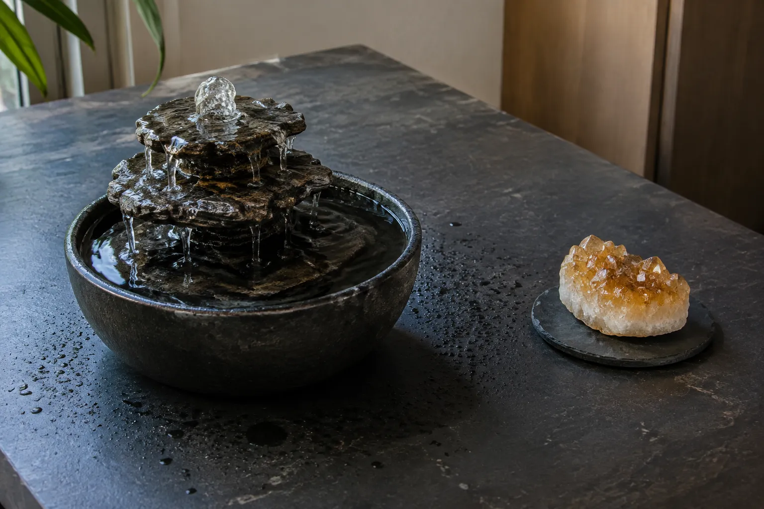 A fountain splash boundary with citrine positioned beyond the droplets on a separate dry surface