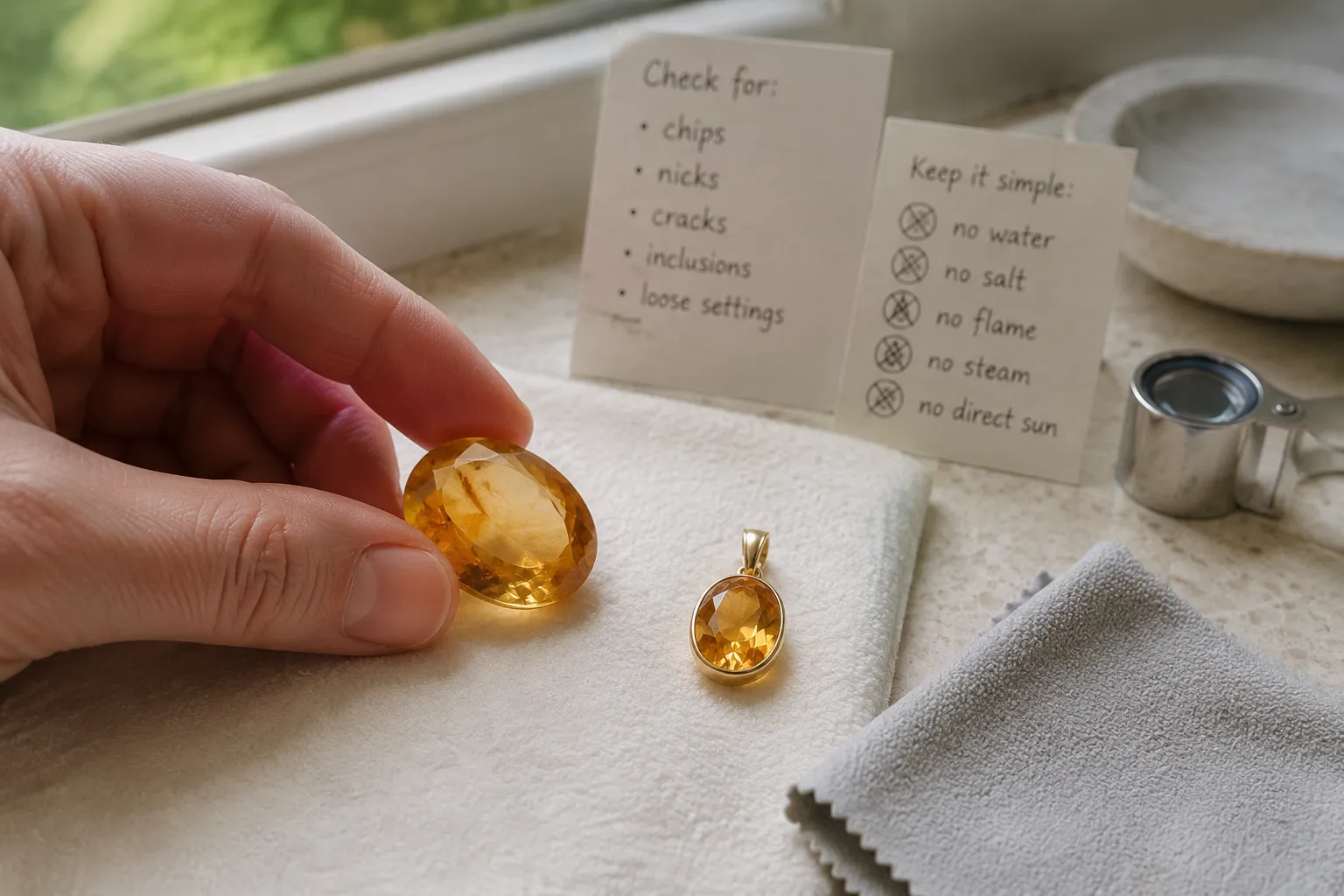 New citrine on a soft cloth being inspected in bright indirect light before cleaning or ritual use
