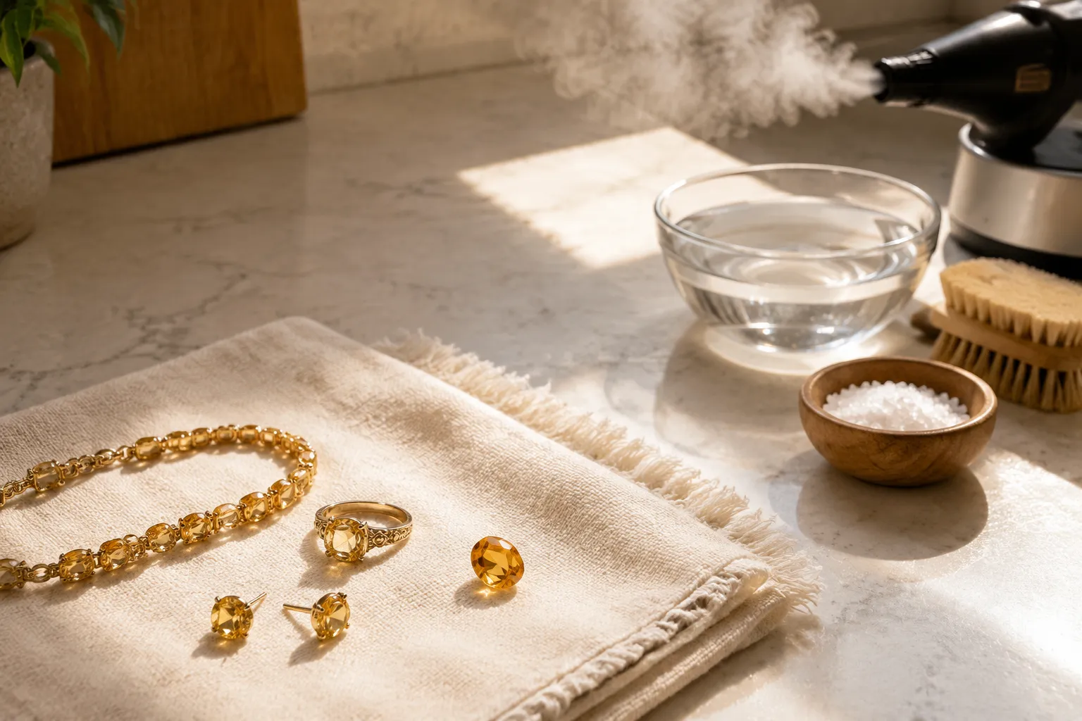Citrine jewelry and a loose stone separated from water, salt, heat, and abrasive cleaning tools