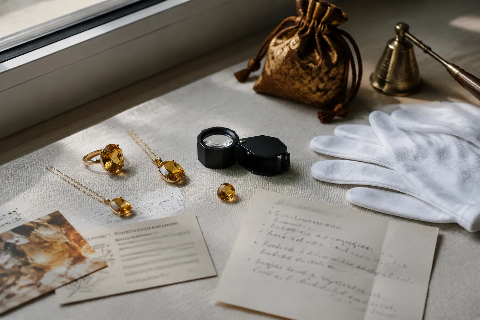 A citrine-centered ritual kit separated from care notes and seller disclosure questions