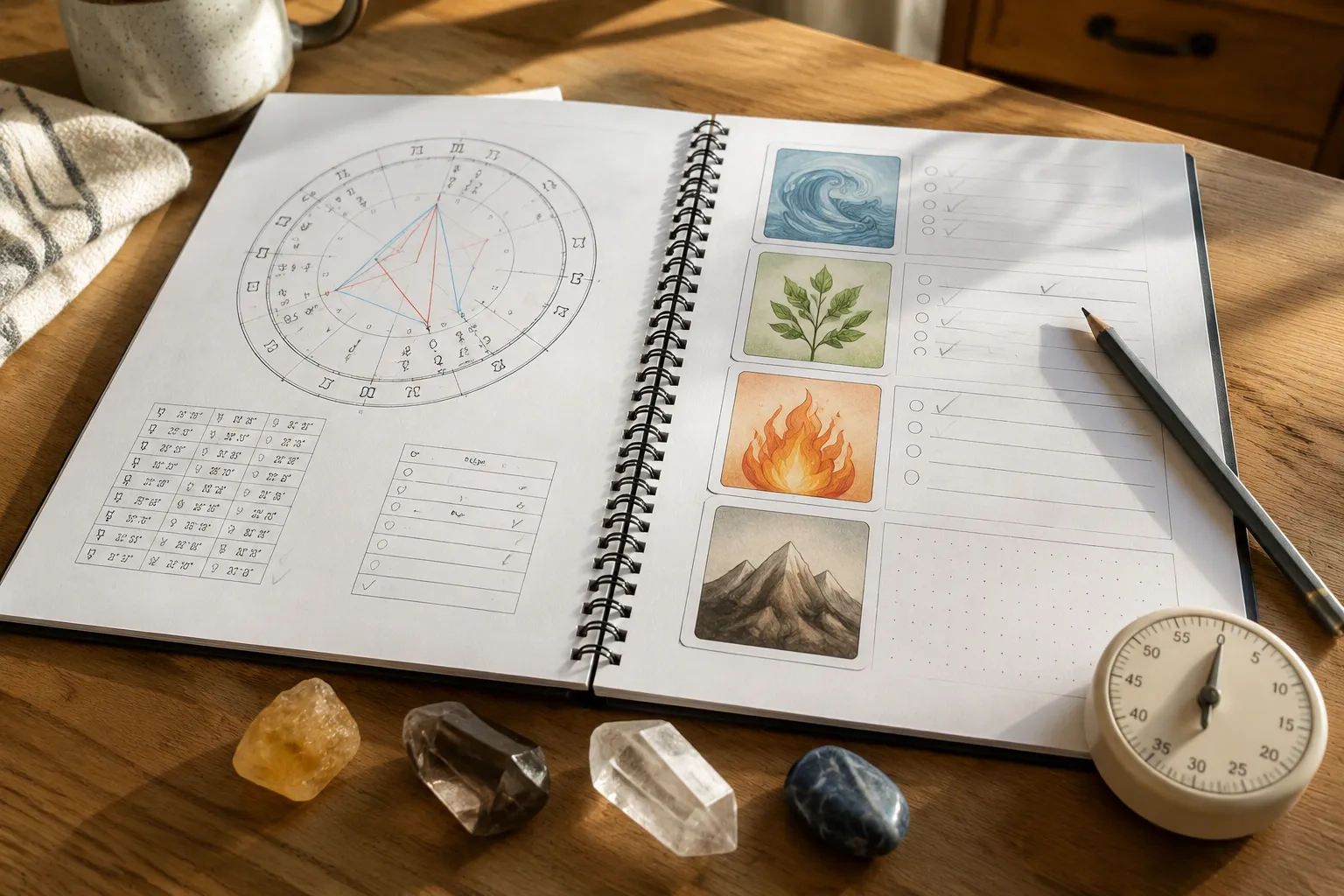 A small natal chart and restrained crystal kit arranged as symbolic prompts for pacing, grounding, quiet, and clarity