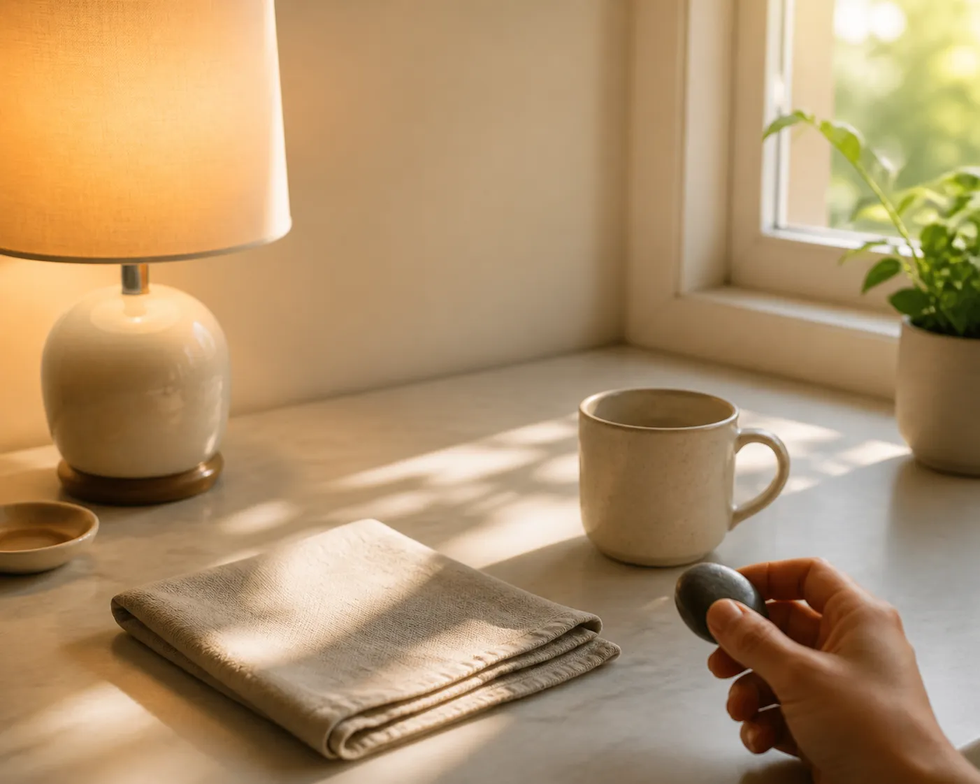 Grounding alternatives showing a lamp, morning light, a cup, and a clear surface for days when flame or structured breathing is not suitable