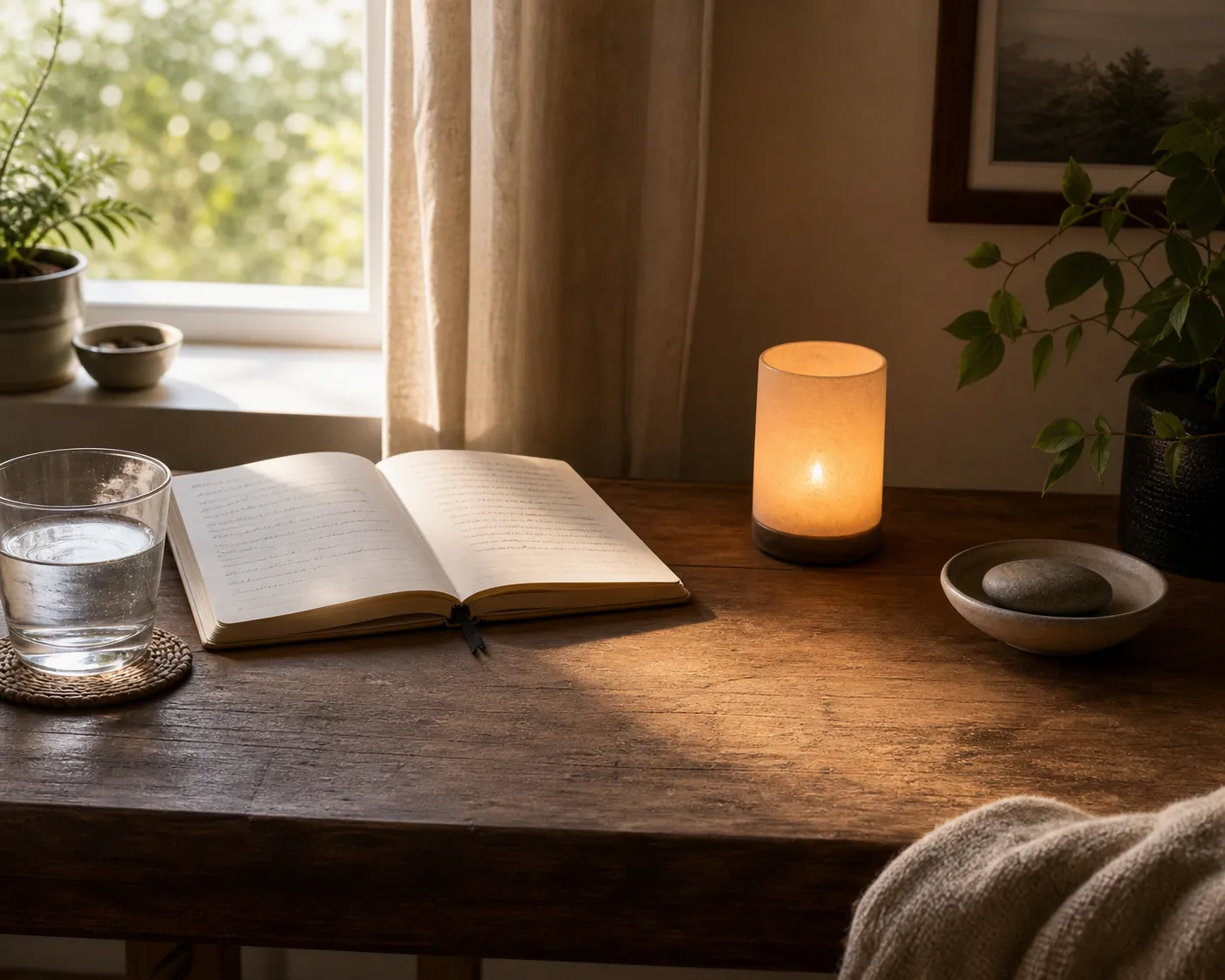 A calm daily grounding setup with a safe warm light, a notebook, water, and a clear surface