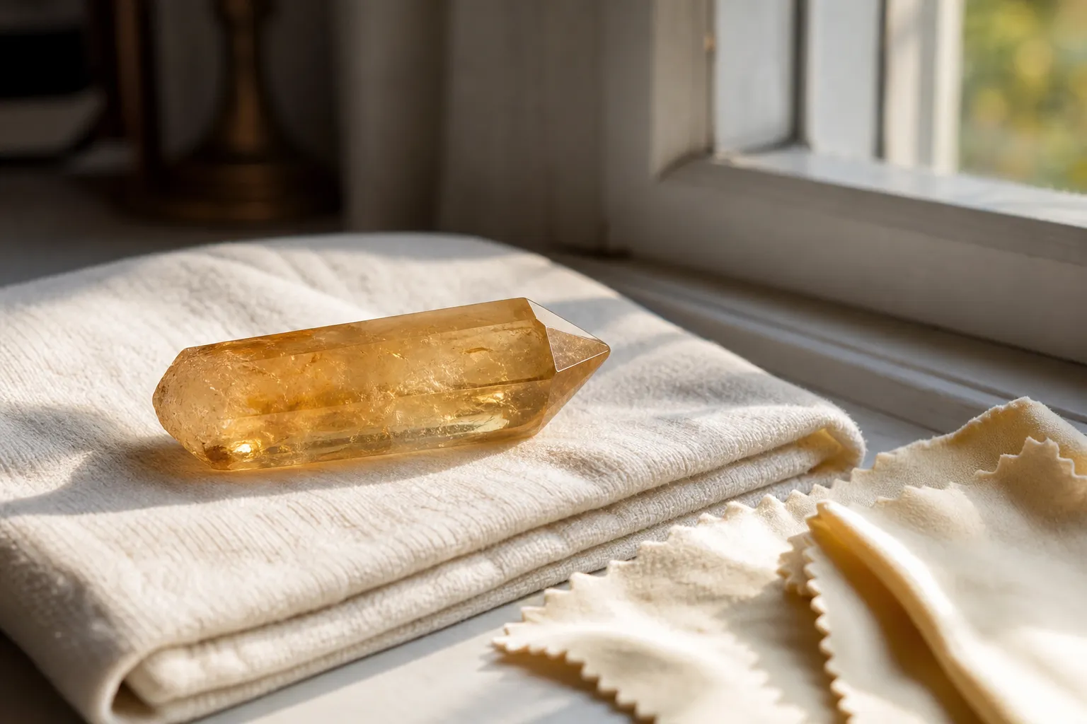 Citrine placed on a clean cloth for a bounded reset ritual after a difficult period