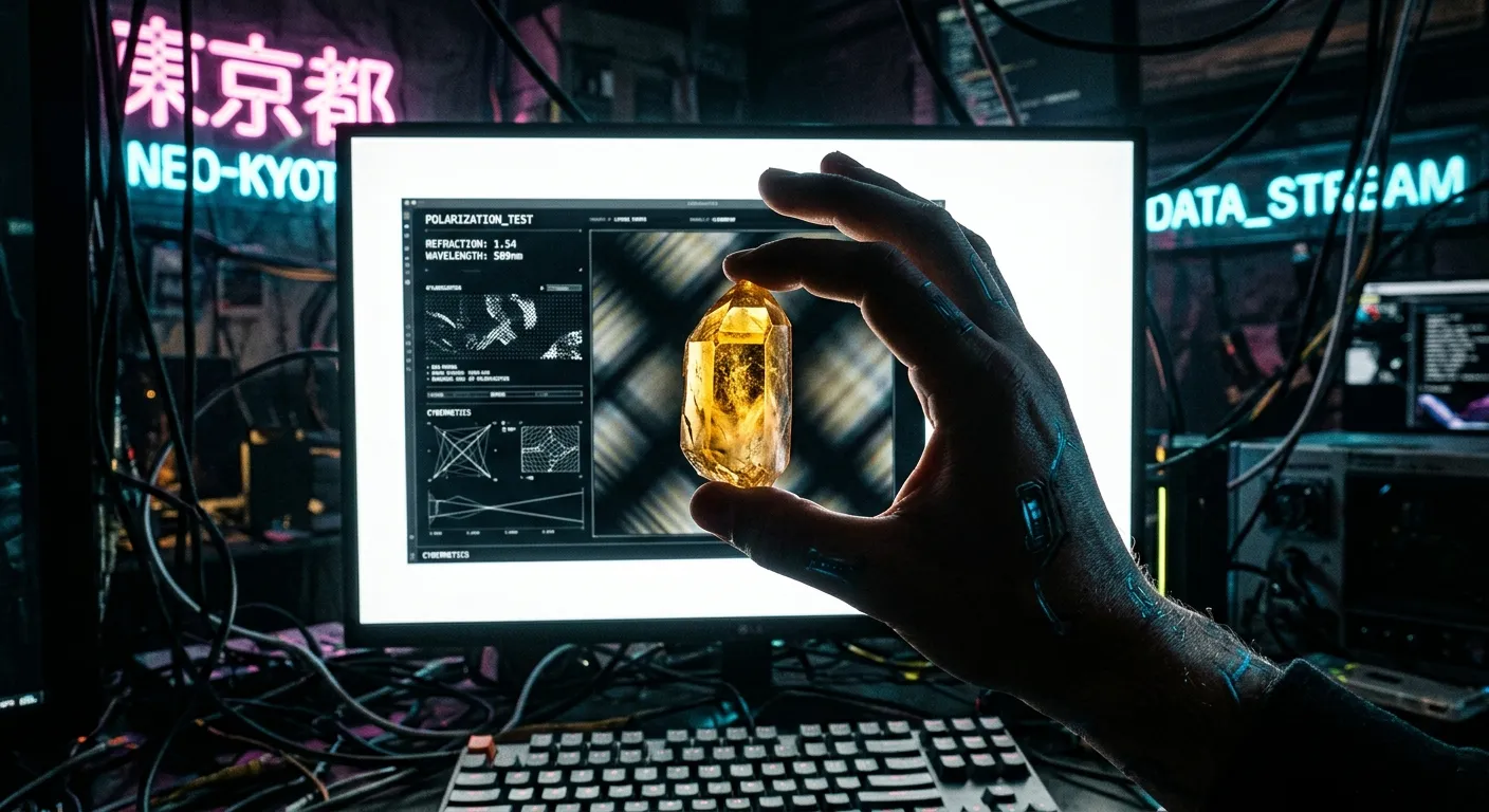 A crystal held against a glowing digital monitor screen to test for dichroism