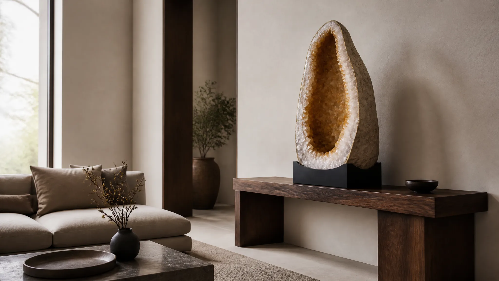A raw citrine geode cathedral styled as a sculptural focal point in a modern Earthy Luxe room