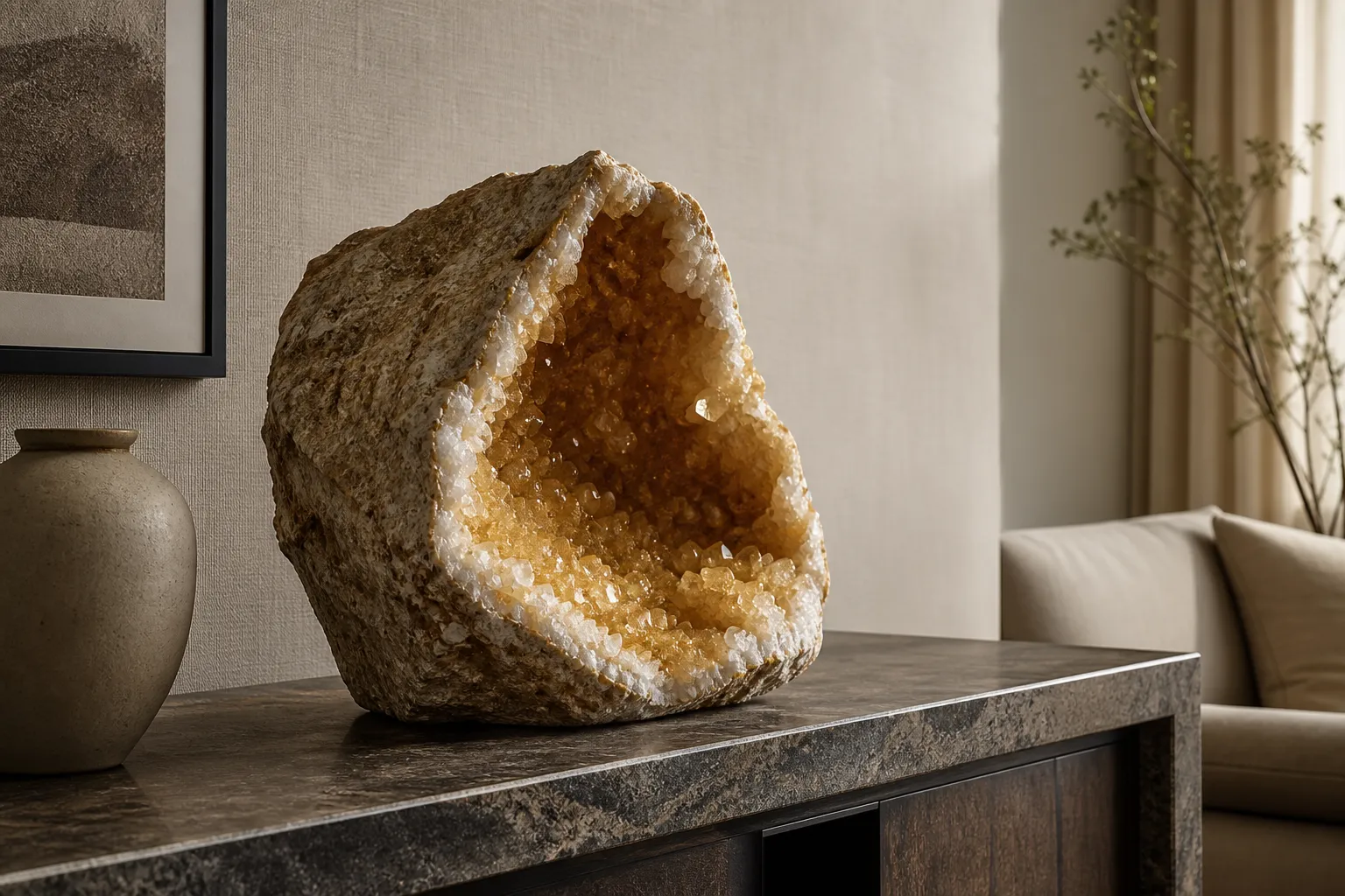 A raw geode cathedral lit softly from the side on a stable console with matte natural materials around it