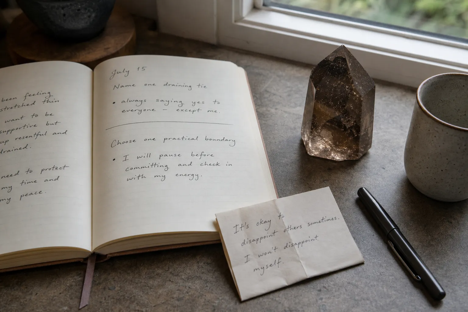 Smoky quartz beside a journal used as a symbolic focus for naming a draining tie and choosing a real boundary.