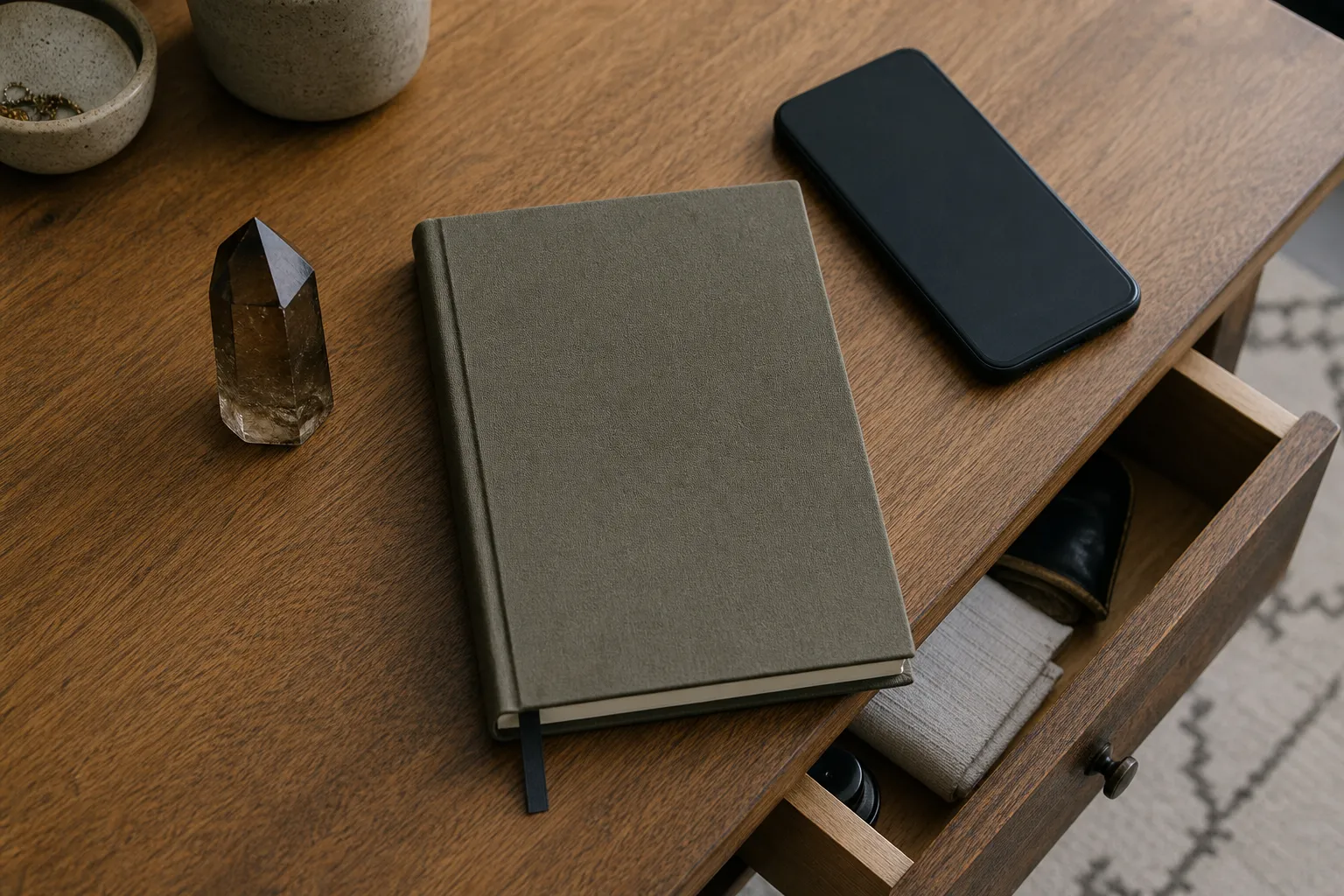 Smoky quartz placed near a journal, phone, desk, or drawer to match different boundary reminders after a ritual.
