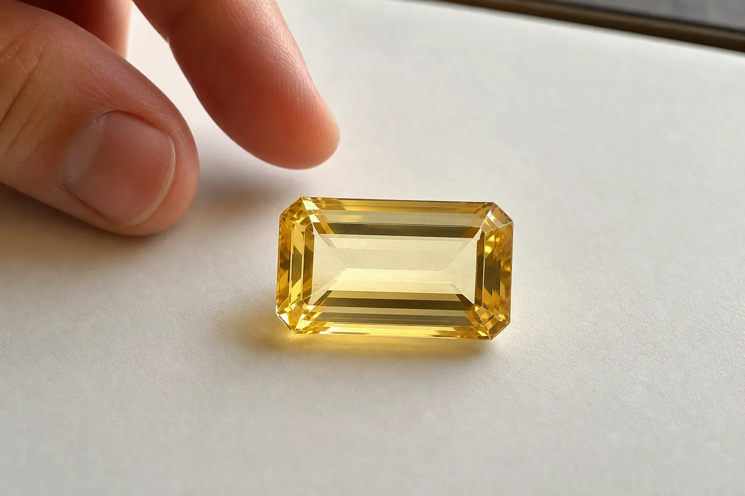 Step-cut yellow quartz being checked face-up for visible stripe-like internal features under ordinary light