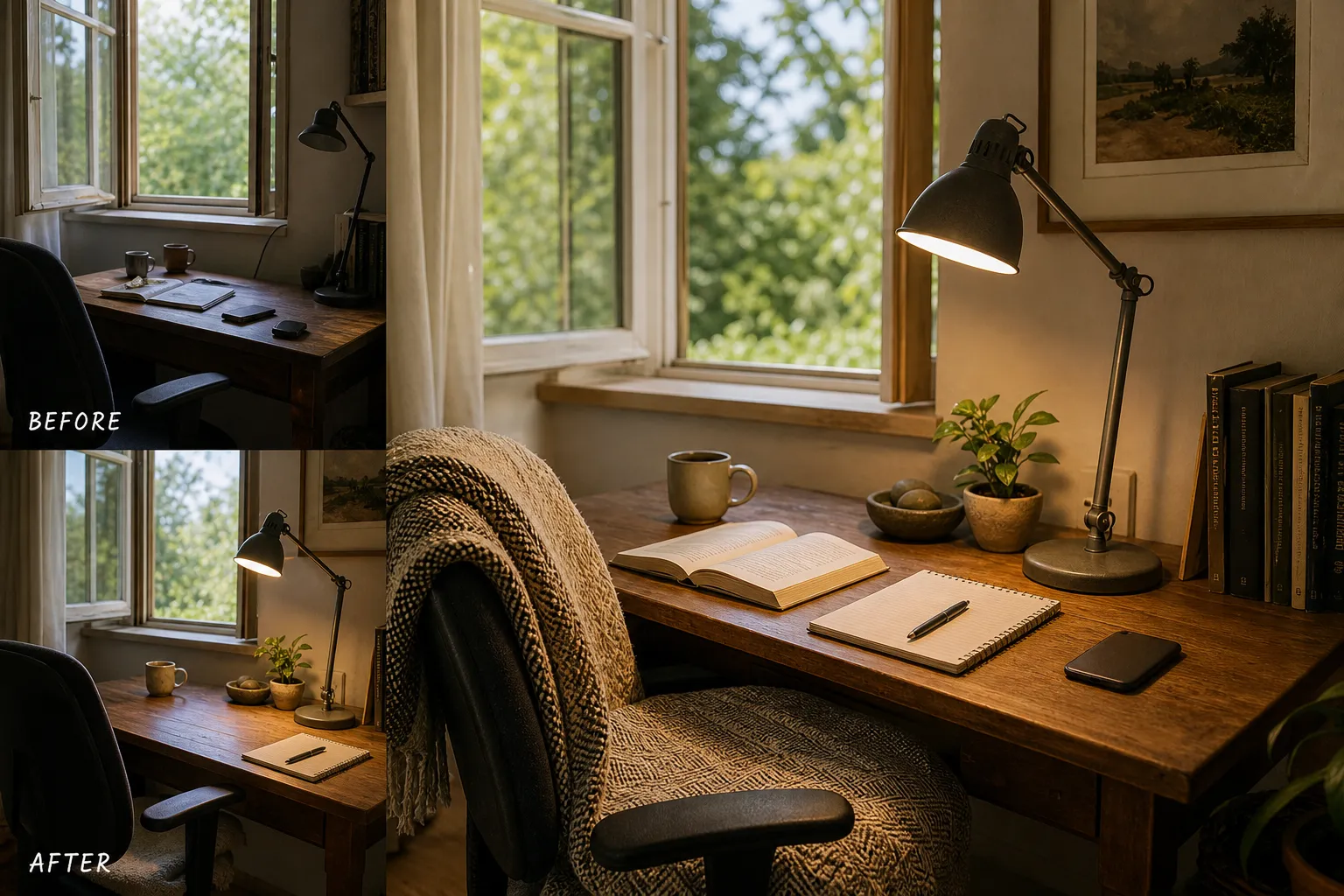 A desk or seating area being adjusted through steadier light, reduced device pull, softer surfaces, and a small visual anchor such as a bowl, stone, lamp, textile, or plant.