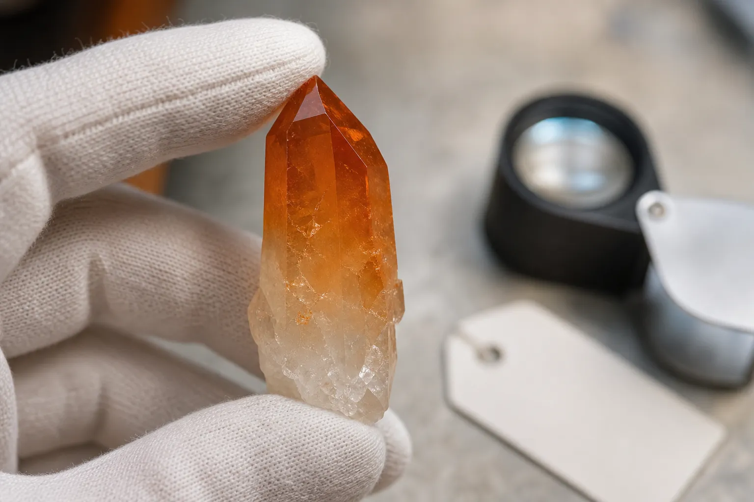 Orange quartz point with a pale base used to compare citrine market naming with ferruginous quartz wording